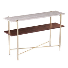 Load image into Gallery viewer, Brass Faux Marble Console Table With Shelf - White / Brown