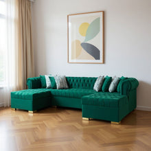 Load image into Gallery viewer, Velvet U Shaped Three Piece Sofa Chaise Sectional With Toss Pillows - Green