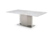 Load image into Gallery viewer, 79" Marble And Stainless Steel Pedestal Base Dining Table - Gray / White