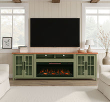 Load image into Gallery viewer, 97" Fireplace TV Stand Console For TVs Up To 100" - Sage Green And Fruitwood Finish