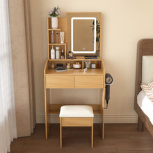 Load image into Gallery viewer, Vanity Table With LED Mirror, Power Outlet, Hairdryer Holder & Padded Stool, Compact Dressing Desk For Small Bedrooms - Wood