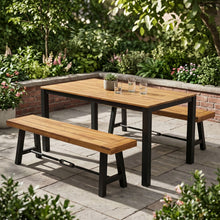 Load image into Gallery viewer, 3 Piece Outdoor Dining Set, Rectangular Patio Table & 2 Benches - Black / Teak