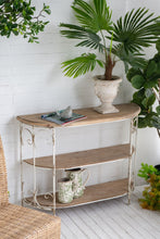 Load image into Gallery viewer, 3 Tiered Wooden Shelving Unit With Ornate Iron Frame - Multicolor