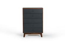 Load image into Gallery viewer, 30" Walnut And Charcoal Solid Wood Five Drawer Chest - Gray