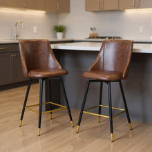 Load image into Gallery viewer, 26" Faux Leather And Metal Counter Height Swivel Bar Chairs (Set of 2) - Brown / Black / Gold
