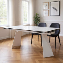 Load image into Gallery viewer, 63" Ceramic And Metal Self-Storing Leaf Pedestal Base Extendable Dining Table - White
