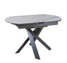 Load image into Gallery viewer, 47" Ceramic And Metal Self-Storing Leaf Cross Leg Base Oval Extendable Dining Table - Gray / White