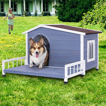 Load image into Gallery viewer, Large Wooden Dog House Indoor Outdoor With Terrace And Open Waterproof Asphalt Roof, Outdoor Dog House With Raised Floor, Windows And Door Curtains, Suitable For Small And Medium Dogs - Gray