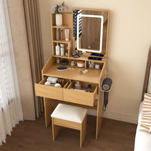 Load image into Gallery viewer, Vanity Table With LED Mirror, Power Outlet, Hairdryer Holder & Padded Stool, Compact Dressing Desk For Small Bedrooms - Wood