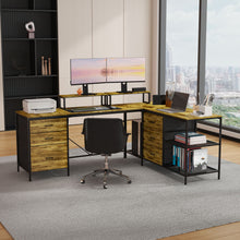 Load image into Gallery viewer, Industrial L Shaped Desk With Power Hub With 6 Drawers And Adjustable Monitor Stands - Brown