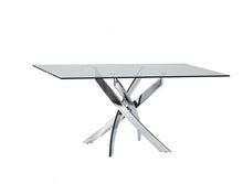 Load image into Gallery viewer, 63" Glass And Stainless Steel Pedestal Base Dining Table - Silver