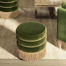Load image into Gallery viewer, Edward - Round Upholstered Ottoman With Bullion Fringe - Olive Green