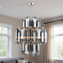 Load image into Gallery viewer, Unique Statement Nine Light Metal Beveled Glass Chandelier With Shades - Silver