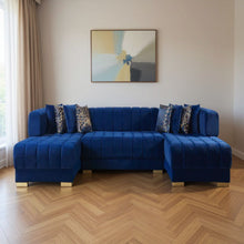 Load image into Gallery viewer, Velvet U-Shaped Three Piece Sofa Chaise Sectional With Toss Pillows - Blue