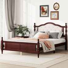 Load image into Gallery viewer, Pine Wooden Bed With Upholstered Headboard And Panel Footboard, With Two Bed Rail Support Feet And Central Platform Support Feet