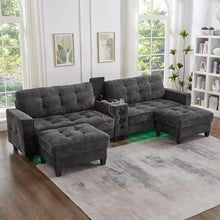 Load image into Gallery viewer, Modern Sectional Sofa U-Shaped With Movable Ottomans, tooth Speakers, LED Lights And Modular Storage