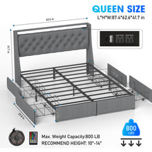 Load image into Gallery viewer, Platform Bed Frame With RGB LED Lights, Charging Station, Storage Headboard & 4 Underbed Drawers