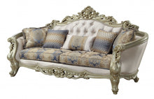 Load image into Gallery viewer, Velvet Curved Floral Sofa And Toss Pillows With Champagne Legs - Antiqued White
