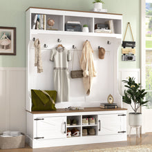 Load image into Gallery viewer, Hall Tree With Bench And Shoe Storage, 5 In 1 Entryway Organizer Cabinet With Coat Rack, 4 Shoe Cubbies & 7 Hooks - White