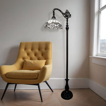 Load image into Gallery viewer, Metal Arched Floor Lamp With White Geometric Stained Glass Shade - Brown