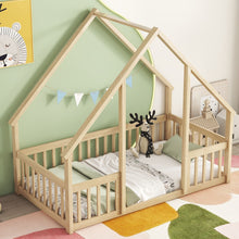 Load image into Gallery viewer, Wood House-Shaped Floor Bed With Fence, Guardrails