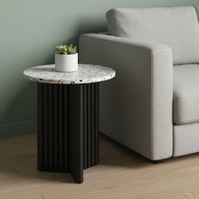 Load image into Gallery viewer, 23" Faux Terrazzo And Wood Round Pedestal End Table - Black And White