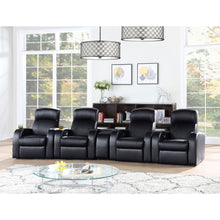 Load image into Gallery viewer, Greenfield - 4 Seater Home Theater With Wedge Console Recliners With Built In Storage And Cup Holders - Black