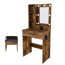 Load image into Gallery viewer, Vanity Table With Mirror, Adjustable LED Lights, Power Outlet, Hairdryer Holder & Stool
