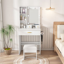 Load image into Gallery viewer, Vanity Table With Mirror, Adjustable LED Lights, Power Outlet, Hairdryer Holder & Stool
