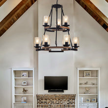 Load image into Gallery viewer, Wagon Wheel Chandelier, Ceiling Light With Adjustable Height - Black / Brown