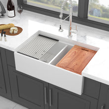 Load image into Gallery viewer, Farmhouse Sink Workstation 33" Ceramic Double Bowl Kitchen Sink With Ledges - White