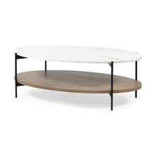 Load image into Gallery viewer, Oval Marble Top And Black Metal Base Coffee Table W Wood Shelf - White