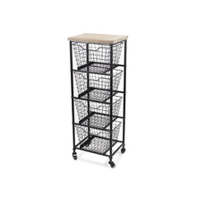 Load image into Gallery viewer, 41" Metal And Wood Basket Storage Rolling Cabinet - Black And Natural