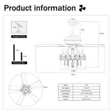 Load image into Gallery viewer, 52" Crystal Shade Ceiling Fan Lamp, 3 Speed, 4 Timing, 5 Reversible Blades Crystal Ceiling Fan, 5 Pieces X E12 (No Include Bulb), Hand Pull Chain - Matte Black