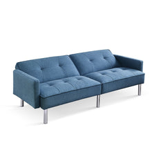 Load image into Gallery viewer, Polyester Blend Convertible Futon Sleeper Sofa And Toss Pillows With Silver Legs - Blue