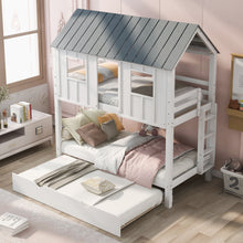 Load image into Gallery viewer, Twin Size House Bunk Bed With Trundle, Roof And Windows - White / Gray