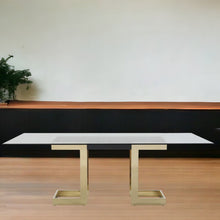 Load image into Gallery viewer, 87" Glass And Stainless Steel Double Pedestal Base Dining Table - Clear / Gold