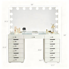 Load image into Gallery viewer, LED Lighted Makeup Vanity Desk With 16 Bulbs Mirror, 13 Drawers Dressing Table For Bedroom - Gloss White