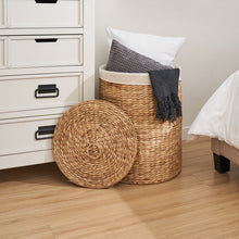 Load image into Gallery viewer, Round Tall Water Hyacinth Woven Wicker Laundry Hamper With Lid - For Clothes, Toys And Book Storage With Removable Liner - 15" X 15" X 20" - Natural Brown