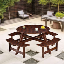 Load image into Gallery viewer, 8 Person Round Picnic Table With 4 Built In Benches, Umbrella Hole For Garden - Brown