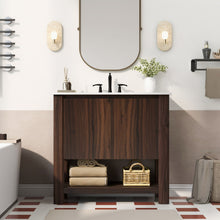 Load image into Gallery viewer, 36" Modern Bathroom Vanity With Rectangle Ceramic Sink, Bathroom Cabinet And 45 Degrees Free Handle Design Soft Closing Doors, 1 Open Shelf At The Bottom - Dark Brown