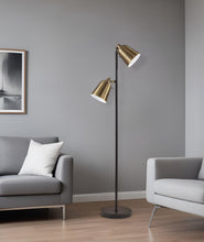 Load image into Gallery viewer, Two Light Floor Lamp With Antiqued Brass Cone Shades - Black