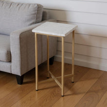 Load image into Gallery viewer, 21" Distressed Marble And Iron Square End Table - White And Antiqued Gold