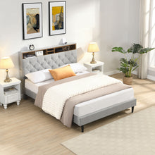 Load image into Gallery viewer, Modern Upholstered Platform Bed Frame With Button Tufted Headboard And USB Ports
