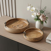 Load image into Gallery viewer, Solid Wood Round Trays With Handles (Set of 2) - Brown