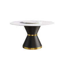 Load image into Gallery viewer, 53" Modern Artificial Stone Round Carbon Steel Base Dining Table, Can Accommodate 6 People, Artificial Stone Turntable - White / Black