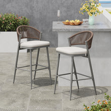 Load image into Gallery viewer, Outdoor Bar Height Metal Frame Counter Stools With Scallop Shaped Backrest & Water Resistant Cushions