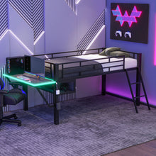 Load image into Gallery viewer, Modern Gaming Mid Loft Bed With Desk And LED Lights