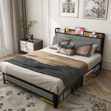 Load image into Gallery viewer, Bed With Charging Station, American Design Upholstered Headboard, Metal Platform