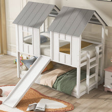 Load image into Gallery viewer, Twin Over Twin House Bunk Bed With Slide And Windows - White / Gray